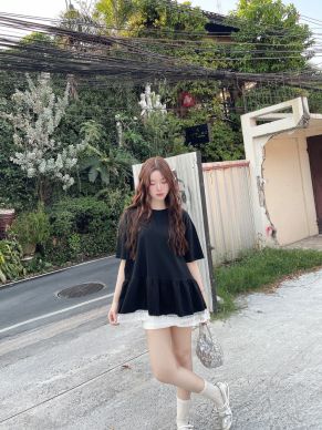 SOFT CORE LACE HEM TUNIC DRESS-BLACK