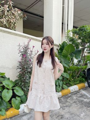 CAVELLE POCKET TWEED DRESS-PEACH