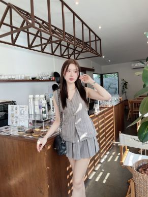 PASTEL LONG VEST TOP & SKIRT SET-TAUPE STRIPE