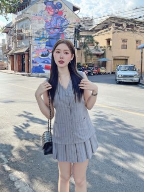 PASTEL LONG VEST TOP & SKIRT SET-GREY STRIPE