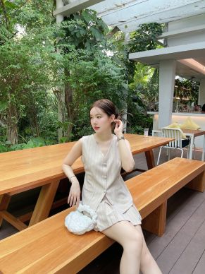 PASTEL LONG VEST TOP & SKIRT SET-BEIGE STRIPE