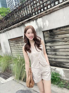 VELLINO BELTED VEST & SHORTS SET-BEIGE