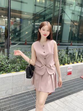 MARCELLI VEST TOP & PLEATED SKIRT SET-ROSY BROWN