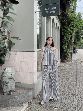 MONO STRIPE TOP & PANTS SET-BLACK