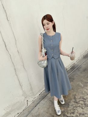 VELISSE VEST TOP & MIDI SKIRT SET-BLUE
