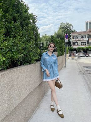 ALVINE LACE DENIM SHIRT & SKIRT SET-BLUE