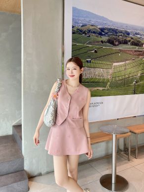 YVES BOW VEST TOP & SKIRT SET-PINK