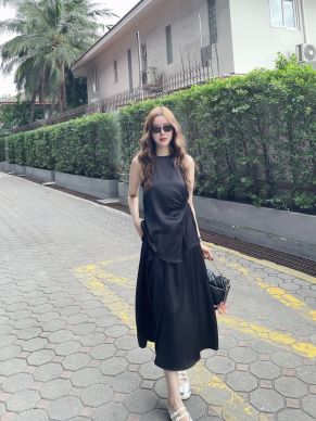 VERENE DRAPED TOP & MIDI SKIRT SET-BLACK