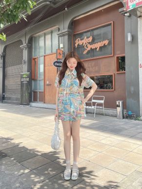 ALOHA BLEACH PRINT SHIRT & SHORTS SET-BLUE
