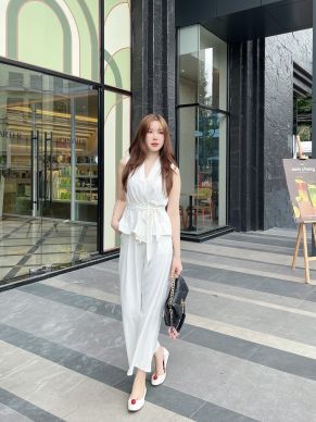 AUDREY TIE WAIST TOP & PANTS SET-WHITE