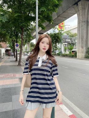 HARPER LACE COLLAR STRIPE TOP-NAVY