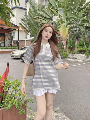 HARPER LACE COLLAR STRIPE TOP-GREY