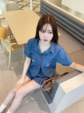 LUCKY DACHSHUND DENIM SHIRT & SHORTS SET-NAVY