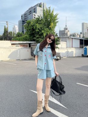 LUCKY DACHSHUND DENIM SHIRT & SHORTS SET-BLUE