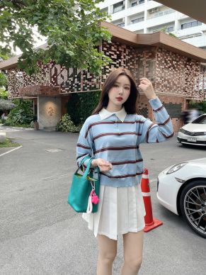 IVY STRIPE POLO KNIT TOP-BLUE