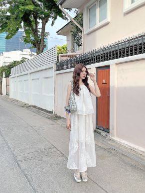 CHRYSAN EMBROIDERY TOP & SKIRT ORGANDY SET-WHITE
