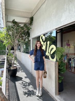 PUMPKIN DENIM TOP & SHORTS SET-NAVY-M