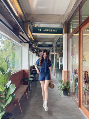 PUMPKIN DENIM TOP & SHORTS SET-NAVY-L