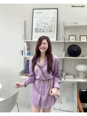 SPECIAL OFFER * LUXE LEATHER CHAIN SATIN SHIRT DRESS-LAVENDER