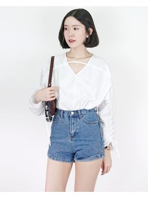 FOLDED HIGH WAISTED DENIM SHORTS-BLUE-M