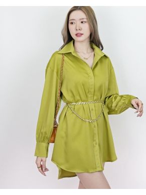 LUXE LEATHER CHAIN SATIN SHIRT DRESS-LIME