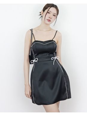 RUBY CRYSTAL BOW SATIN SINGLET DRESS-BLACK-S