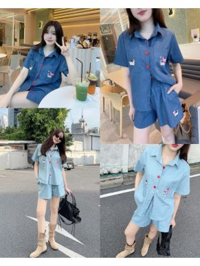 LUCKY DACHSHUND DENIM SHIRT & SHORTS SET