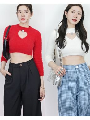 HEART JEWEL FUR KNIT CROP TOP