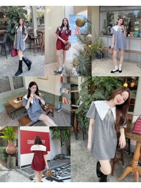 STRIPE PUDDING BOW OVERSIZED COLLAR DRESS