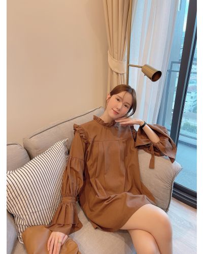 DOLCE BOW SLEEVE LINEN DRESS-BROWN