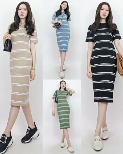 BREAD STRIPED KNIT MIDI DRESS