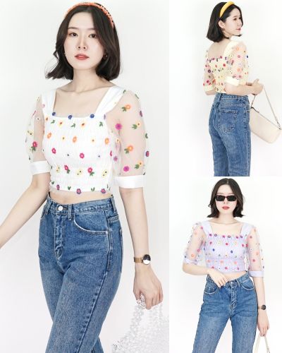 POSY SEE-THROUGH SLEEVE CROP TOP