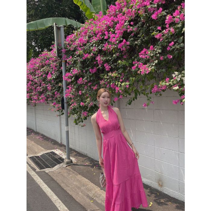 PASTRY BOW HALTER MAXI DRESS-PINK