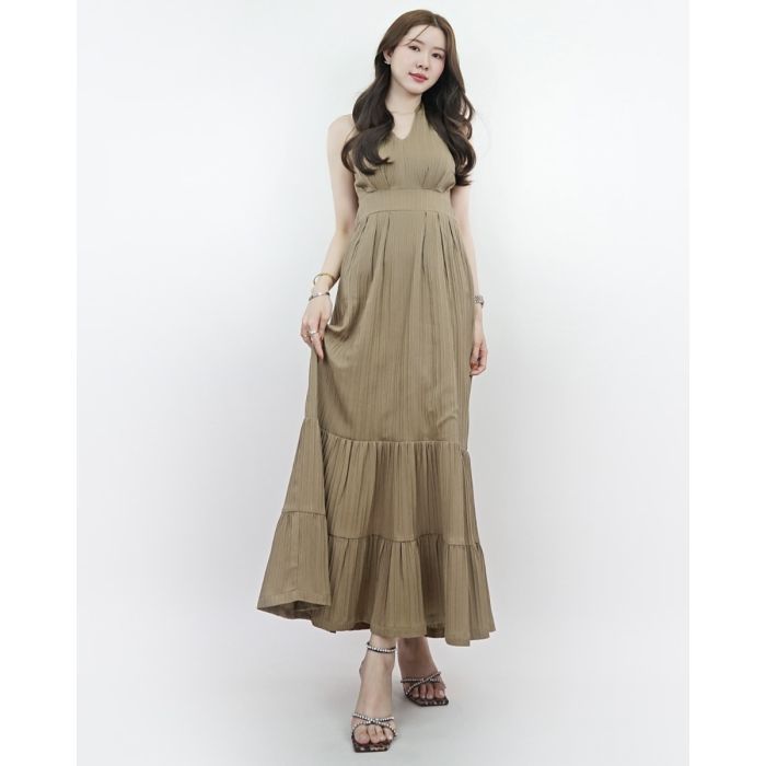 PASTRY BOW HALTER MAXI DRESS-TAUPE