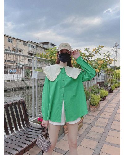 NEON OVERSIZED COLLAR COTTON BLOUSE-GREEN