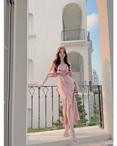 ESTELL SPLIT FRONT MAXI DRESS-PINK-S