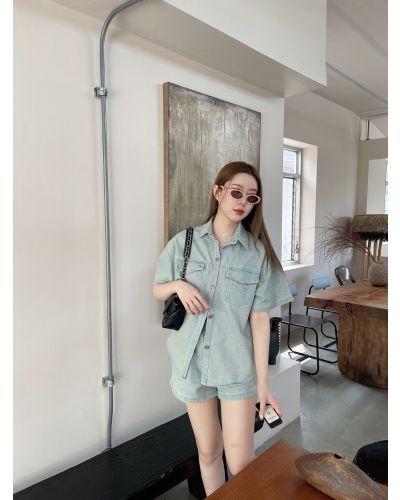 BOW OVERSIZED DENIM SHIRT & SHORTS SET-SKY