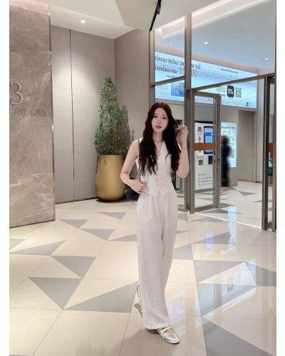 PEARL MARBLE BELTED VEST TOP & PANTS SET-WHITE