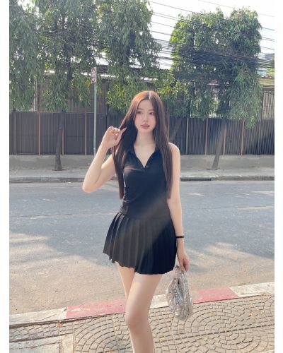 VIV SPORTY SLEEVELESS TOP & SKIRT SET-BLACK