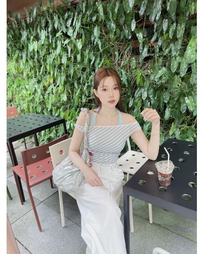 FLOMI STRIPE OFF SHOULDER TOP-BLUE