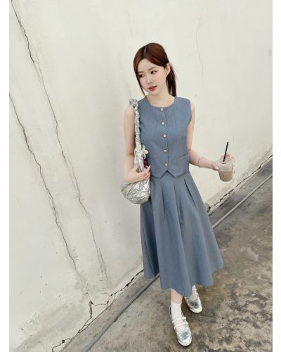 VELISSE VEST TOP & MIDI SKIRT SET-BLUE