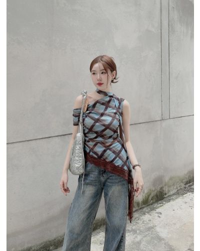DIAMOND CHECK SLASH TOP-BLUE