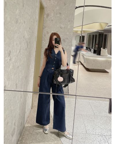 MAVIE VEST TOP & PANTS DENIM SET-NAVY