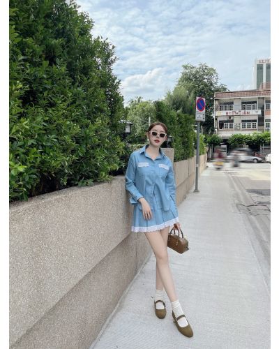 ALVINE LACE DENIM SHIRT & SKIRT SET-BLUE