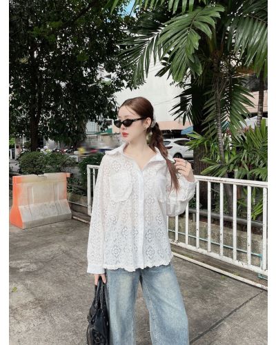 NOVELLE OVERSIZED SOFT LACE SHIRT-WHITE