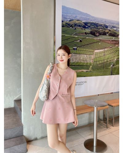 YVES BOW VEST TOP & SKIRT SET-PINK