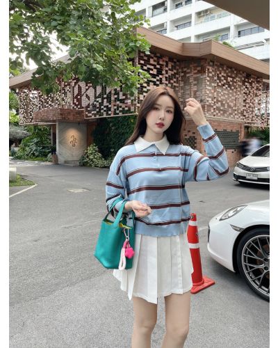 IVY STRIPE POLO KNIT TOP-BLUE