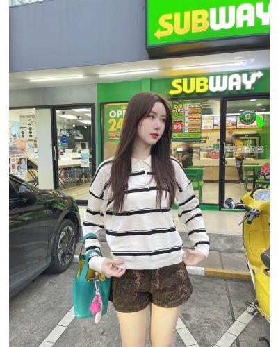 IVY STRIPE POLO KNIT TOP-CREAM
