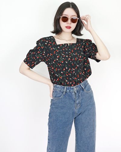 POPPY FLORAL CHIFFON BLOUSE-BLACK