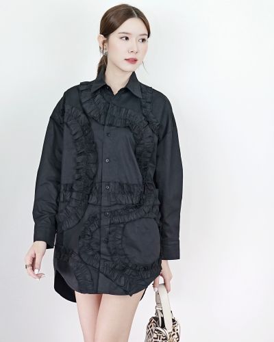 MAZE RUFFLE OVERSIZED SHIRT DRESS-BLACK
